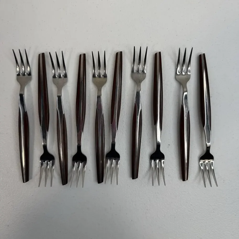 Eldan ELD2-BROWN Set‎ Of 10 Cocktail Forks Mid Century Modern Flatware Stainless